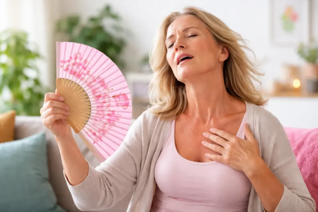 Mature woman managing hot flashes during menopause with layered clothing and fan at home