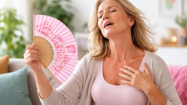 Mature woman managing hot flashes during menopause with layered clothing and fan at home