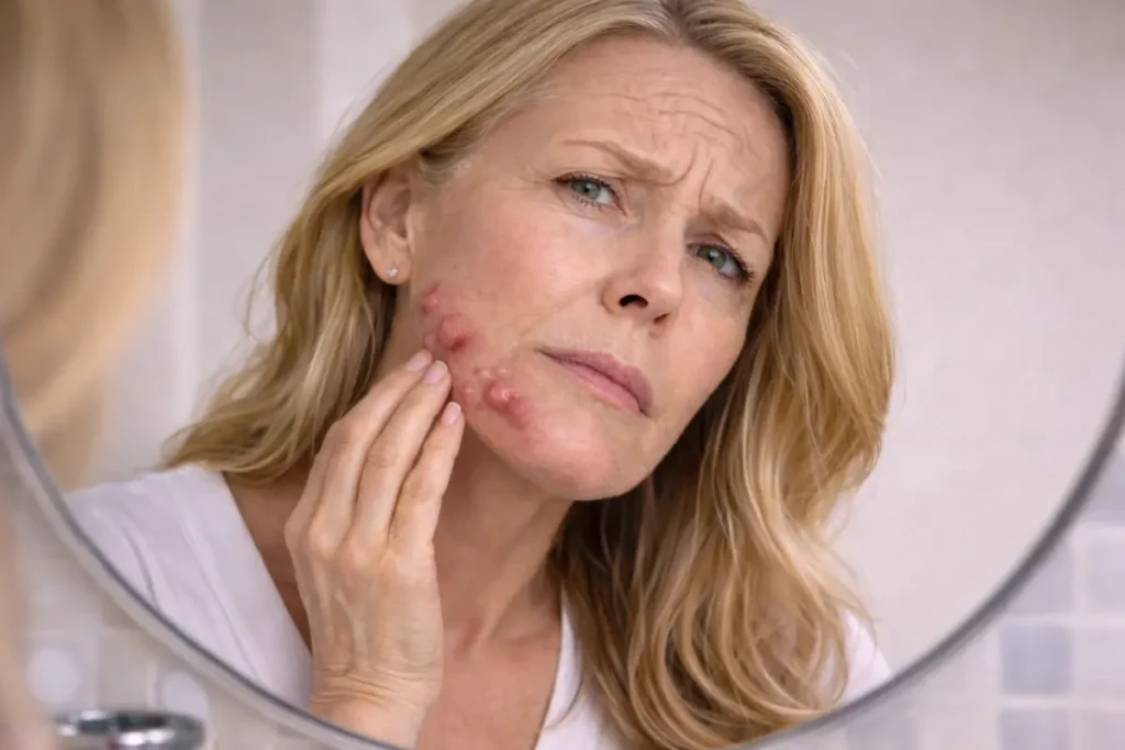 Close-up of woman's jawline showing realistic hormonal acne during menopause