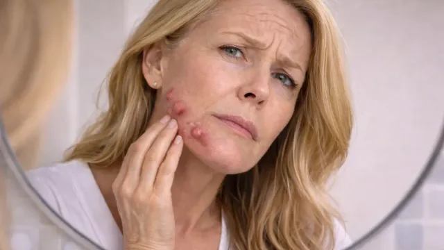 Acne and Menopause Hormones Close-up of woman's jawline showing realistic