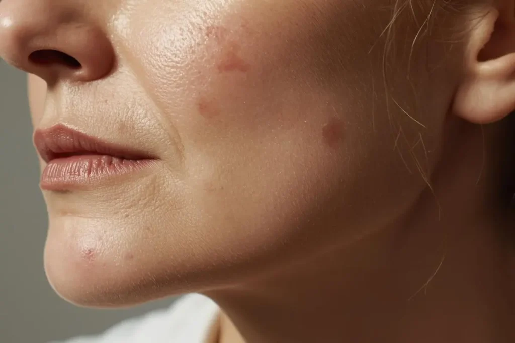 Close-up of woman's jawline showing realistic hormonal acne during menopause