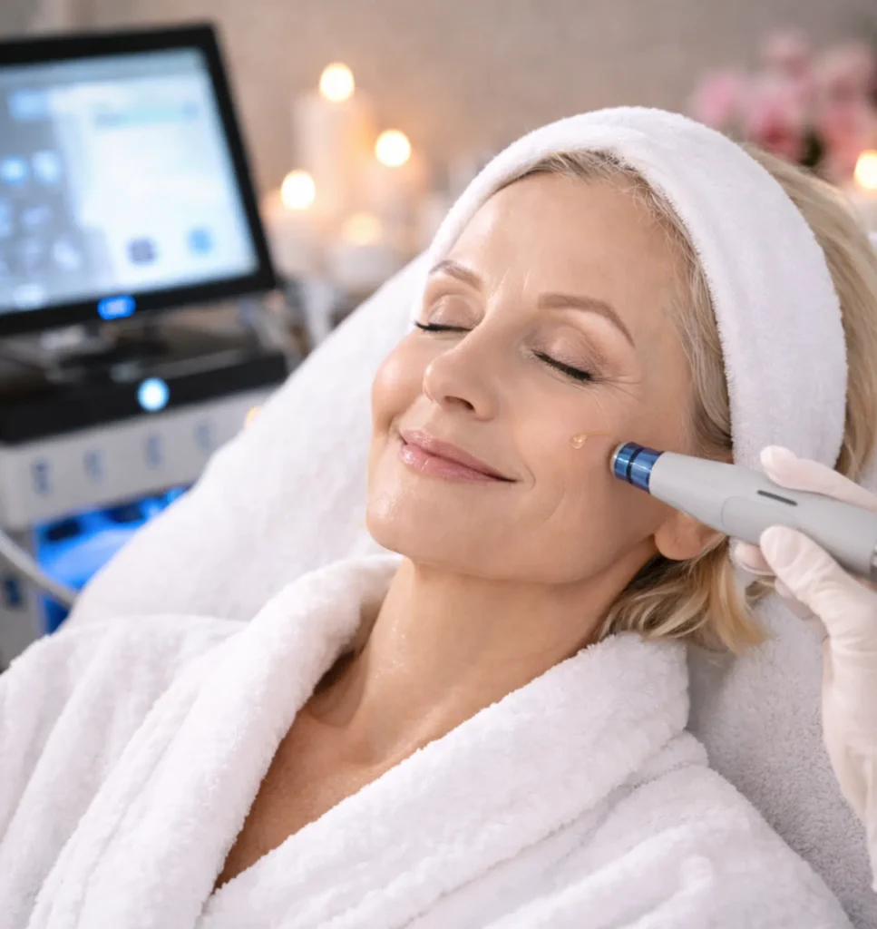 Professional anti aging facial treatment using HydraFacial technology for mature skin