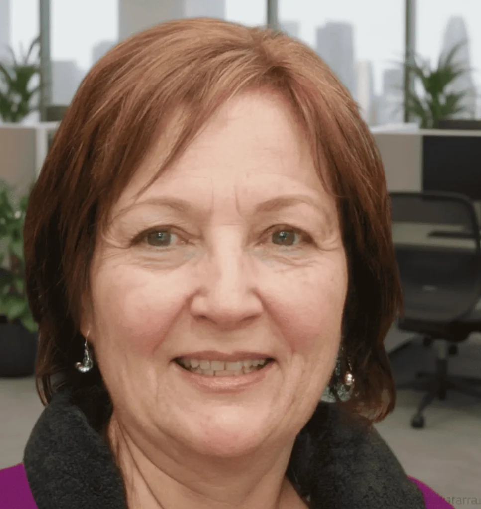 Middle‑aged woman with shoulder‑length brown hair smiling in a modern office, Lonage healthy aging testimonial photo