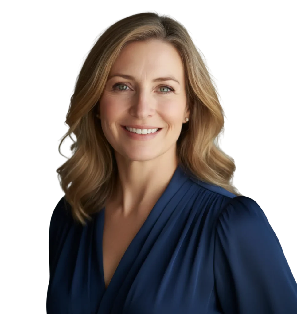 Confident middle-aged woman with blonde hair wearing a navy blouse, smiling against a neutral background.