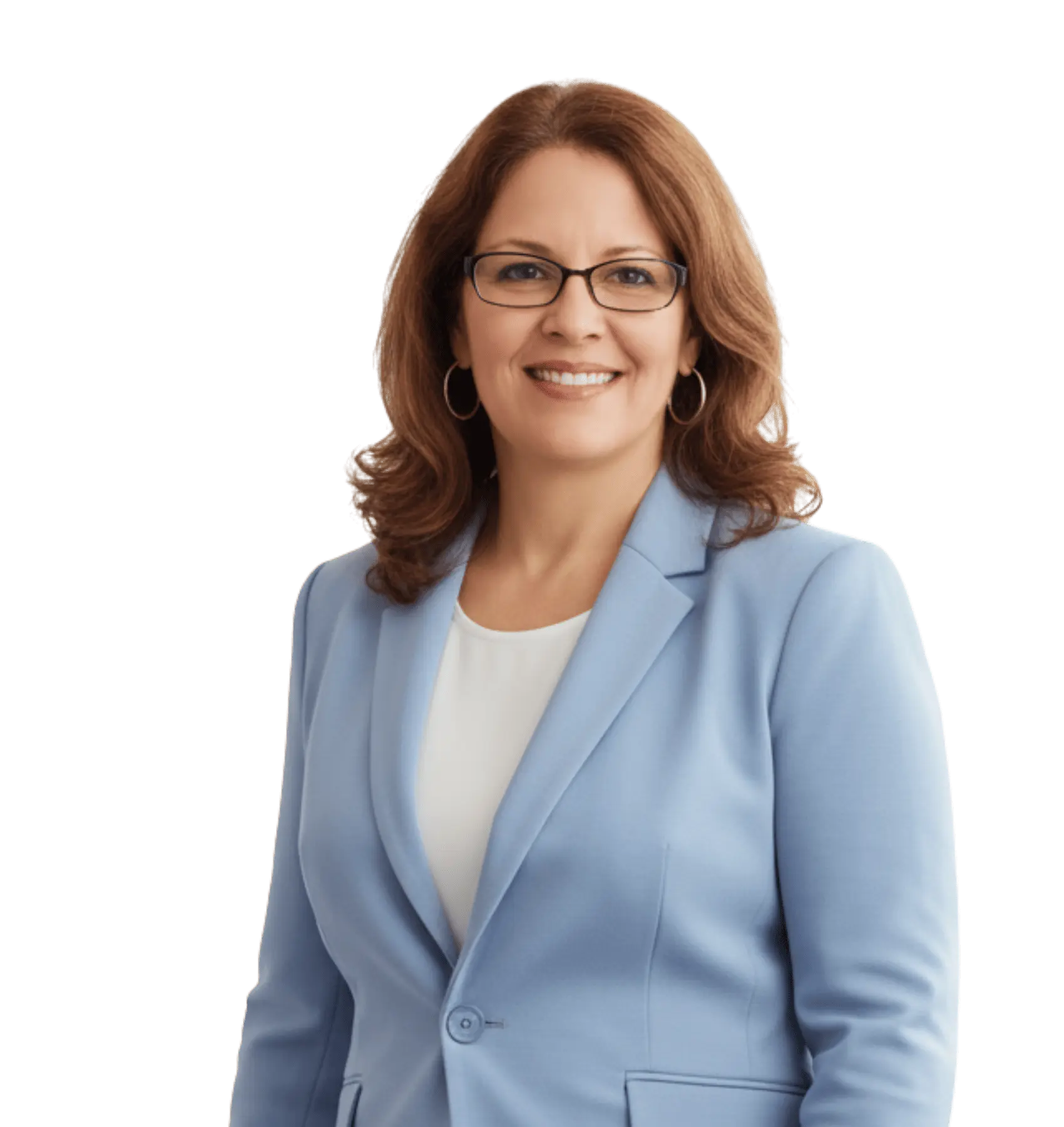 Portrait of Linda Carter, a confident midlife woman in a light blue blazer, representing a Lonage wellness guide for women over 50