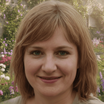Middle‑aged woman with shoulder‑length light brown hair standing in a blooming garden, Lonage healthy aging testimonial photo.
