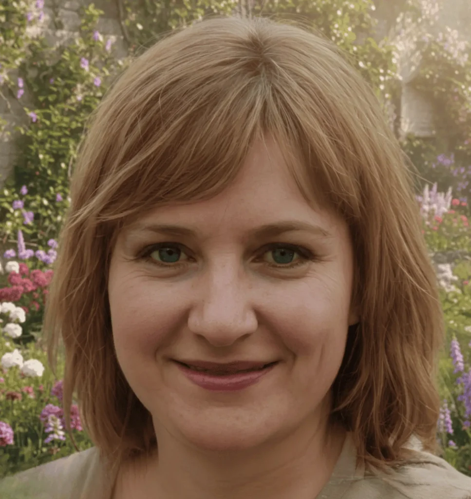 Middle‑aged woman with shoulder‑length light brown hair standing in a blooming garden, Lonage healthy aging testimonial photo.
