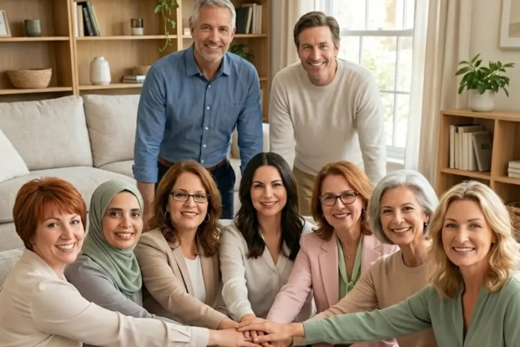 Women and men gathered in a cozy living room, sitting and standing in a circle with their hands stacked together, symbolizing community, support, and healthy aging for the Lonage women’s wellness website