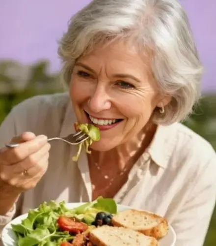 Happy mature woman enjoying a healthy meal outdoors, symbolizing mental well-being, balanced nutrition, and healthy aging for women over 50