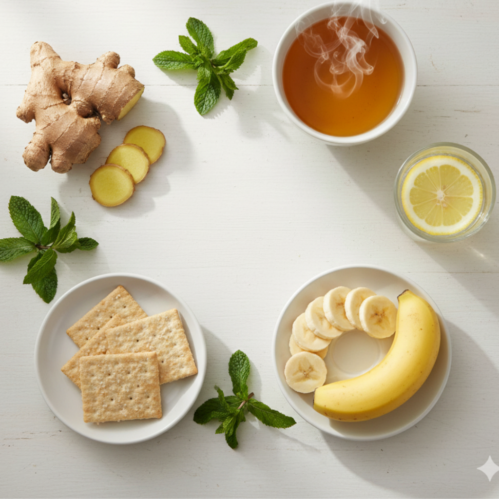Natural remedies for menopausal nausea, including ginger root, mint tea, and bland foods