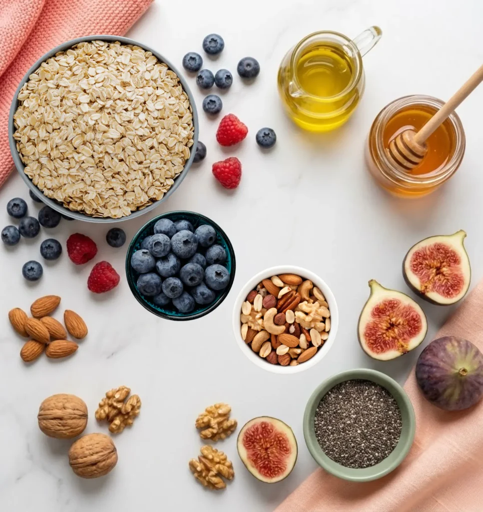 Colorful Mediterranean diet breakfast ingredients including oats, berries, nuts, olive oil and honey arranged on marble surface