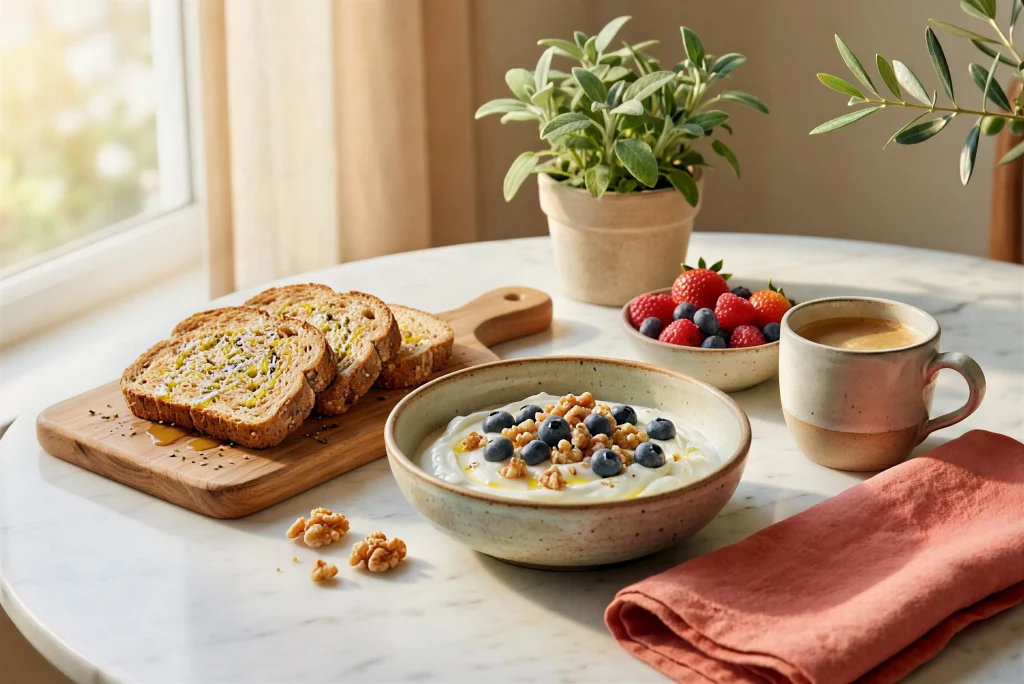 Mediterranean diet breakfast with Greek yogurt, berries, whole grain toast and olive oil on rustic table