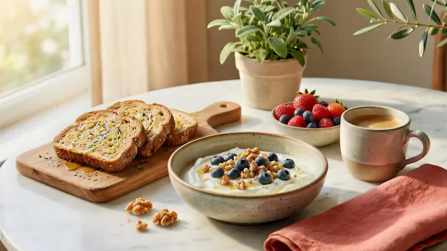 Mediterranean diet breakfast with Greek yogurt, berries, whole grain toast and olive oil on rustic table