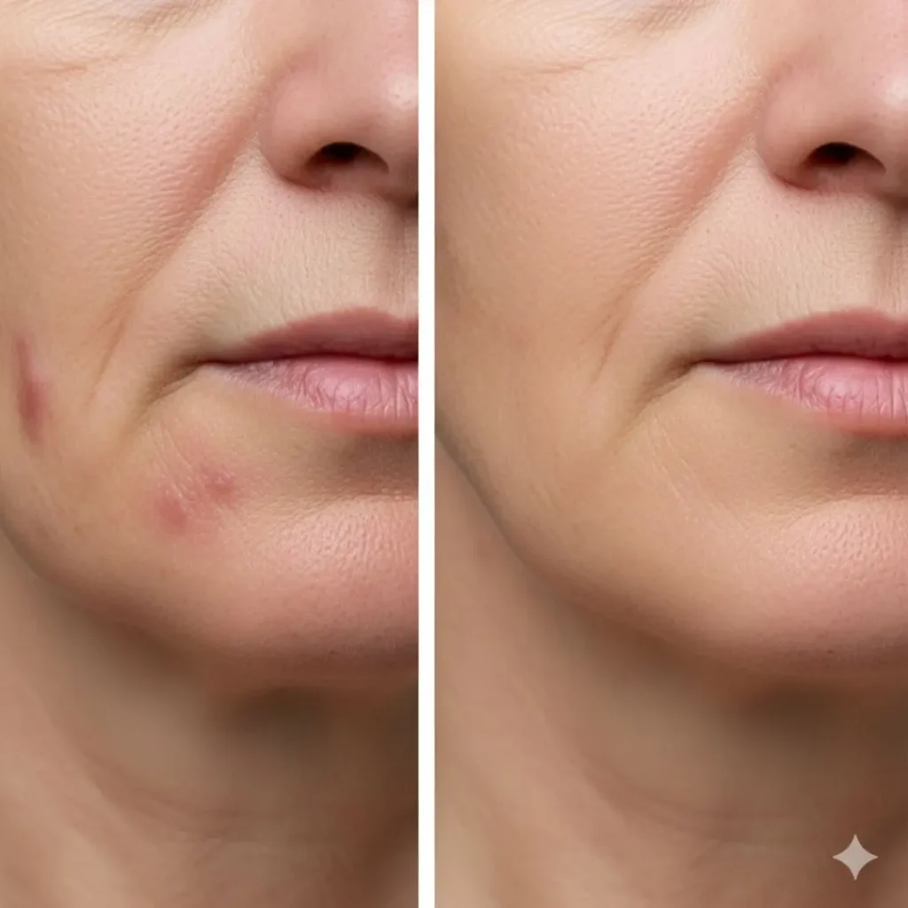 Comparison showing hormonal acne improvement in menopausal woman after lifestyle changes
