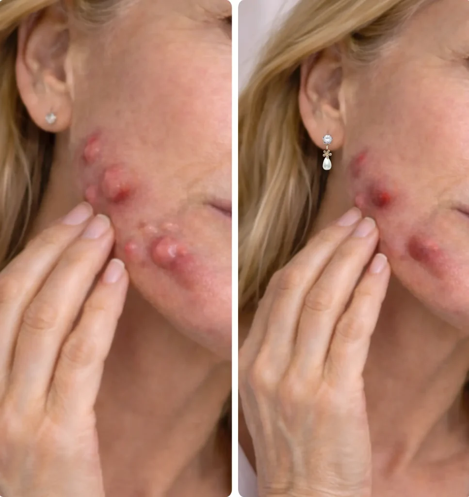 Comparison highlighting hormonal acne improvement in a menopausal woman following lifestyle adjustments