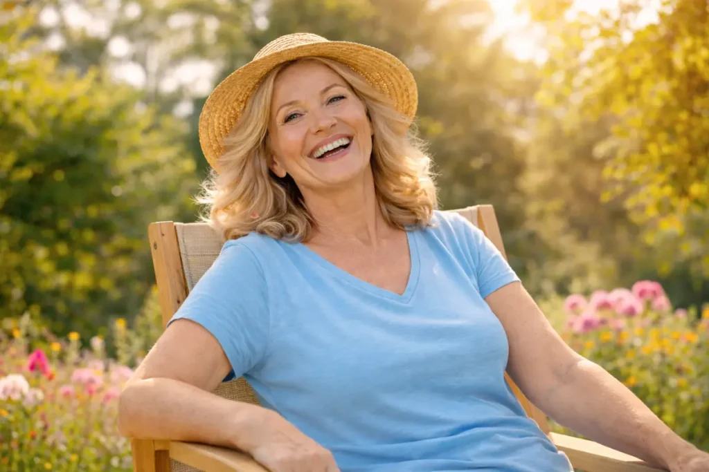 A vibrant, self-assured woman in her 50s seating outdoors, exuding positivity and vitality, embodying menopause wellness and a flourishing spirit.