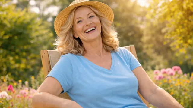 menopause you how to thrive with energy confidence and vitality at 50 : A vibrant, self-assured woman in her 50s seating outdoors, exuding positivity and vitality, embodying menopause wellness and a flourishing spirit.