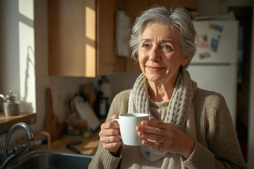 Woman in her 60s enjoying morning coffee representing postmenopausal daily life and wellness