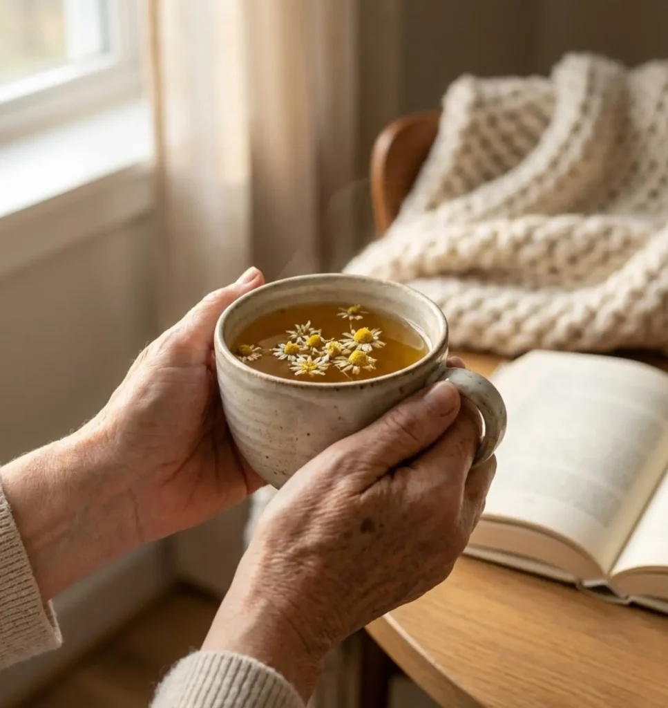 Woman enjoying chamomile tea as natural sleep remedy for menopause insomnia