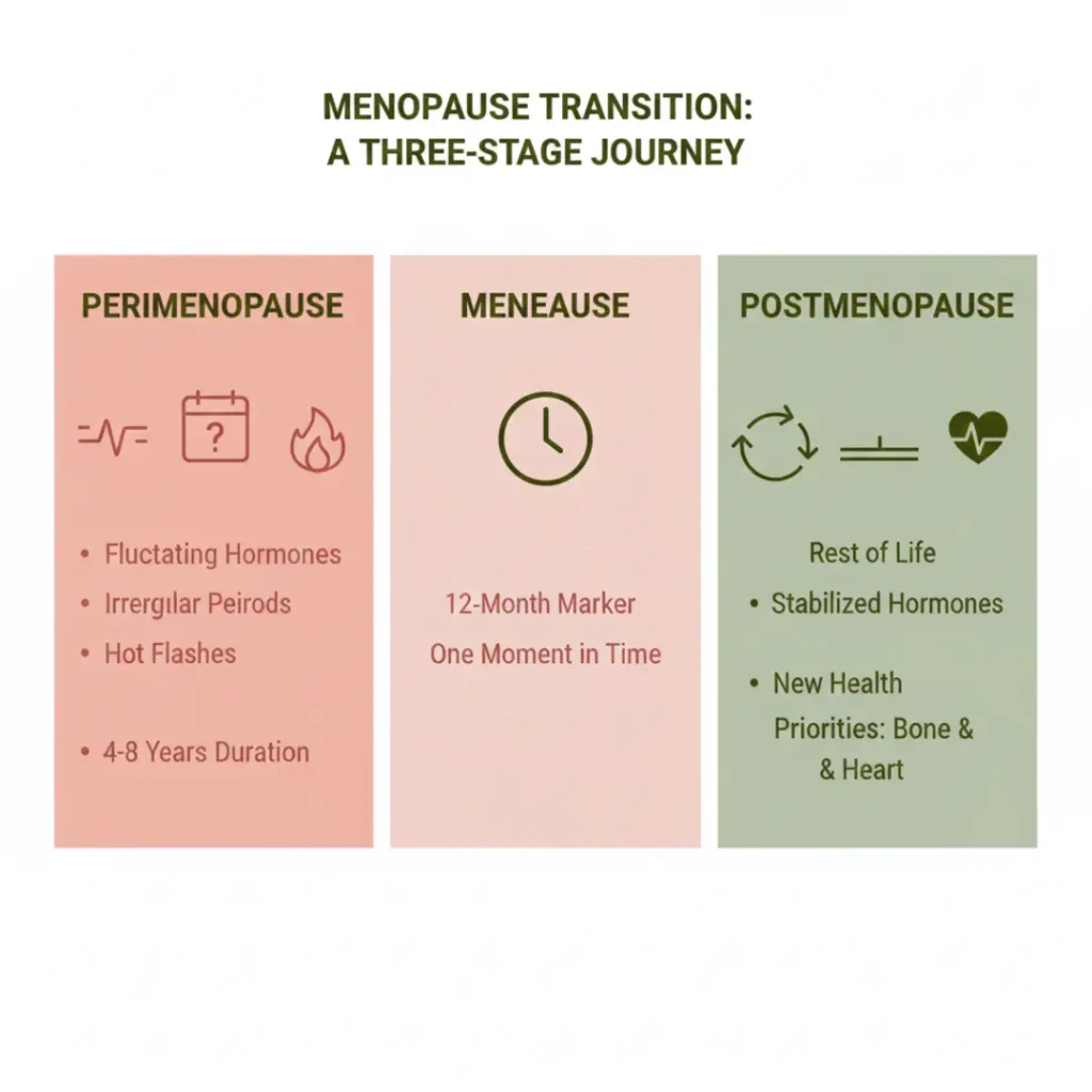 Visual timeline showing perimenopause vs menopause and postmenopause stages with key differences and symptoms