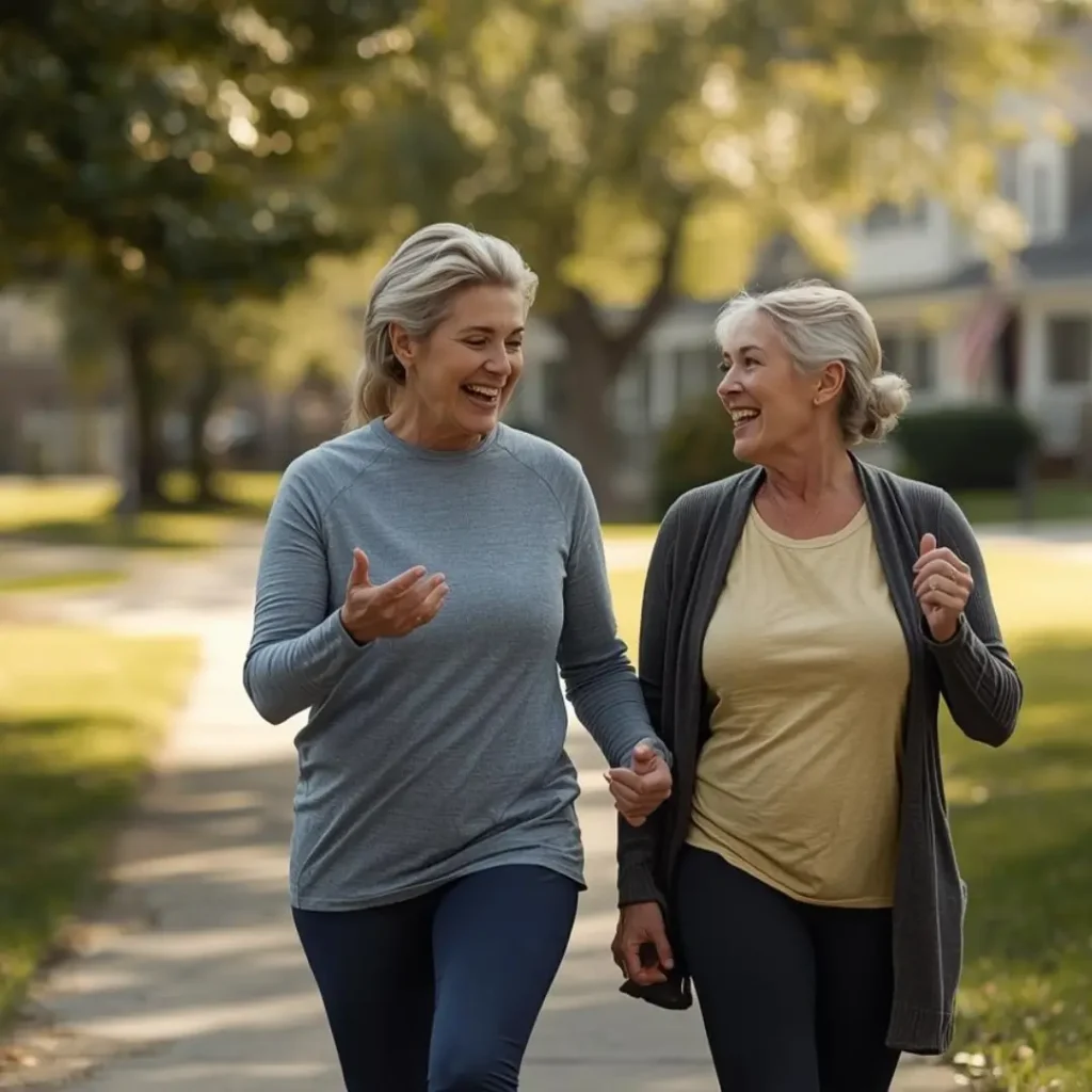 Postmenopausal Lifestyle - Women Walking and Connecting Two postmenopausal women walking together outdoors staying active and connected