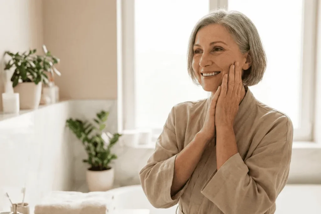 Radiant woman over 50 with glowing skin after anti aging facial treatment