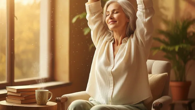 Can Menopause Causes Nausea? :Woman in her 50s drinking ginger tea for menopause nausea relief in bright kitchen