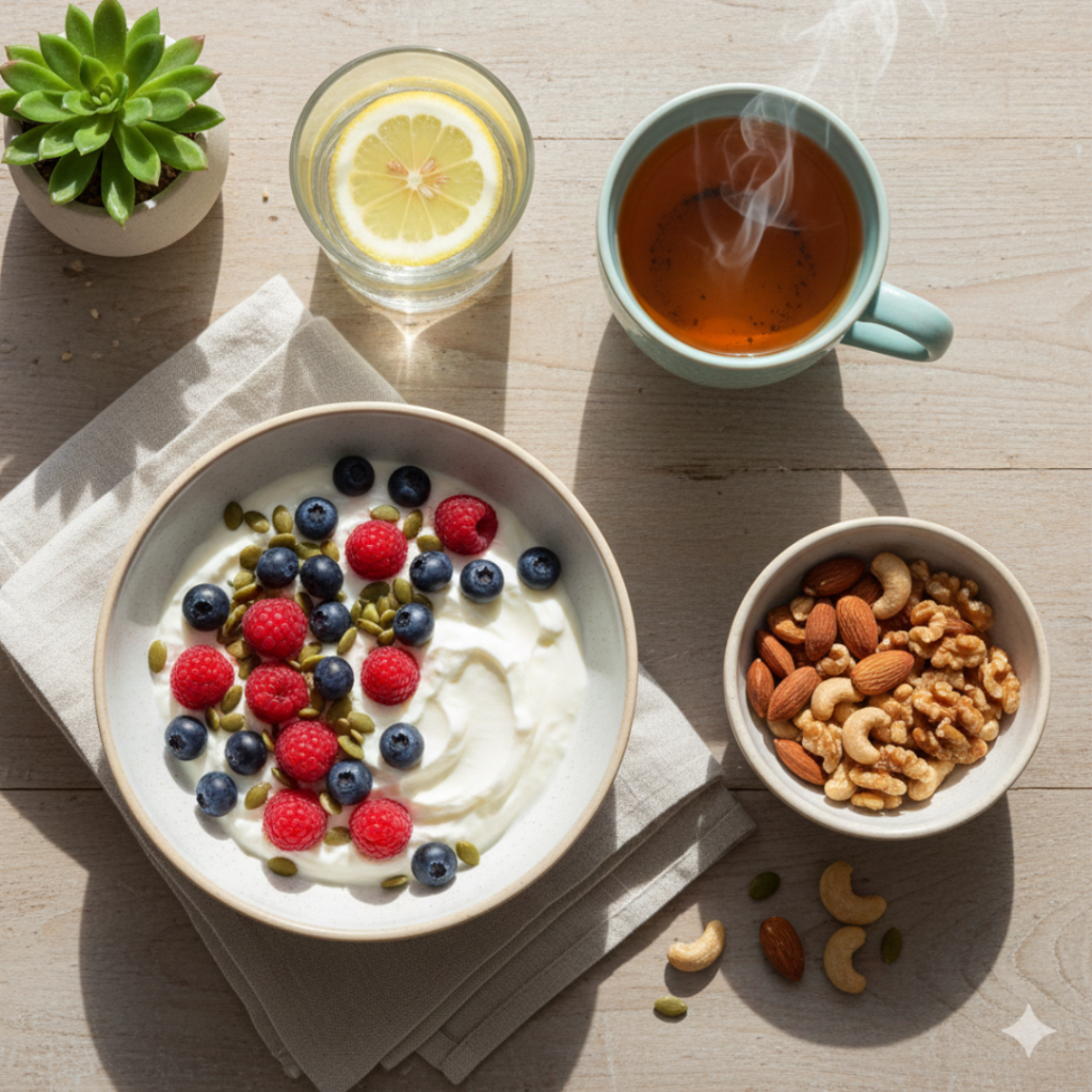 Healthy protein-rich breakfast with yogurt, nuts, and seeds for menopause energy support