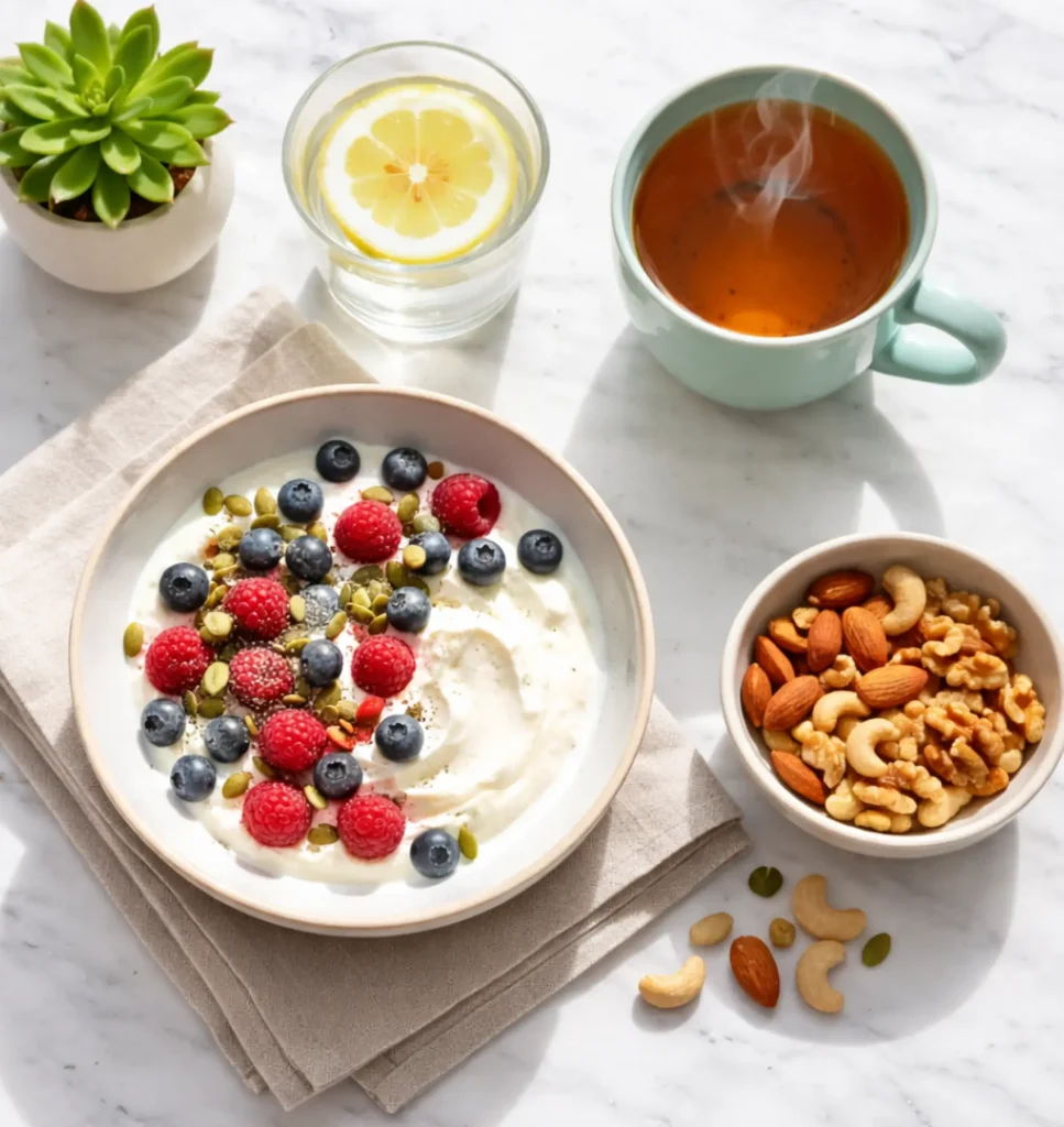 Reclaiming Energy During Menopause (4) Healthy protein-rich breakfast with yogurt, nuts, and seeds for menopause energy support