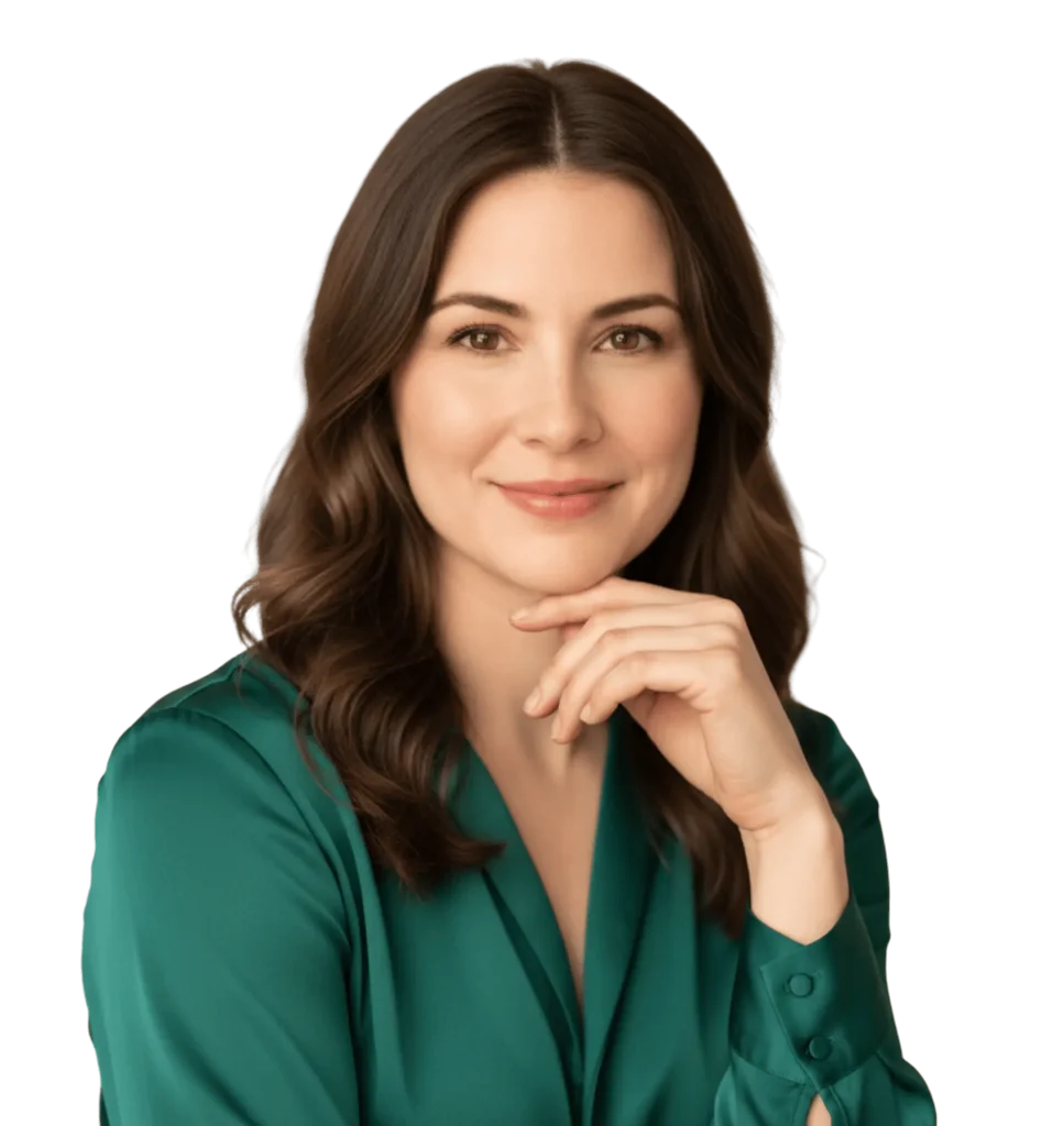 Professional woman with brunette hair wearing a green blouse, smiling gently and posing confidently.