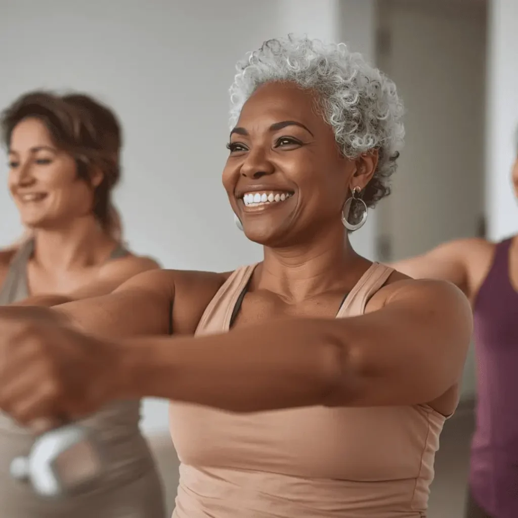 Women over 50 doing strength training exercises together for menopause weight loss