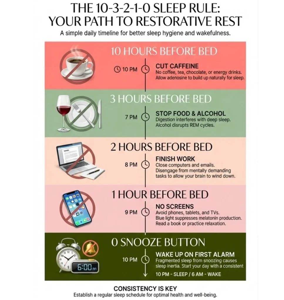 Natural sleep improvement guide showing 10-3-2-1-0 bedtime rule for better sleep after 50