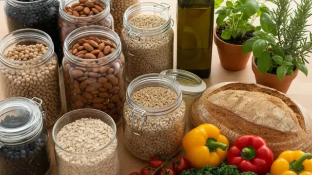 Blue Zone pantry essentials for women over 50 including beans, whole grains, nuts, olive oil, and fresh vegetables