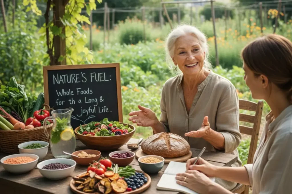 Blue zone nutrition meal with colorful plant-based foods, beans, vegetables, and whole grains on rustic table