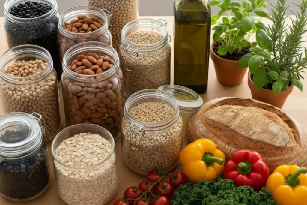Blue Zone pantry essentials for women over 50 including beans, whole grains, nuts, olive oil, and fresh vegetables