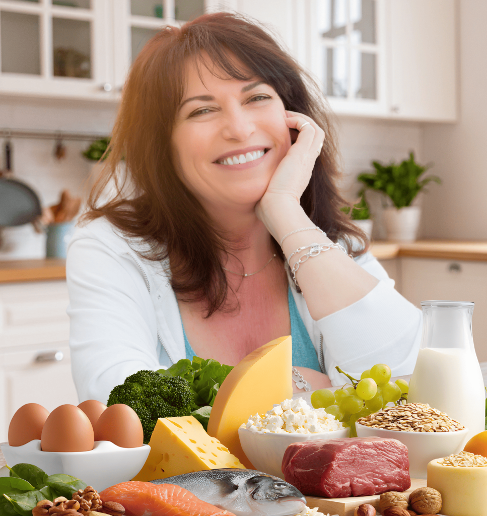 Woman over 50 preparing B12-rich meals with eggs and salmon in healthy kitchen