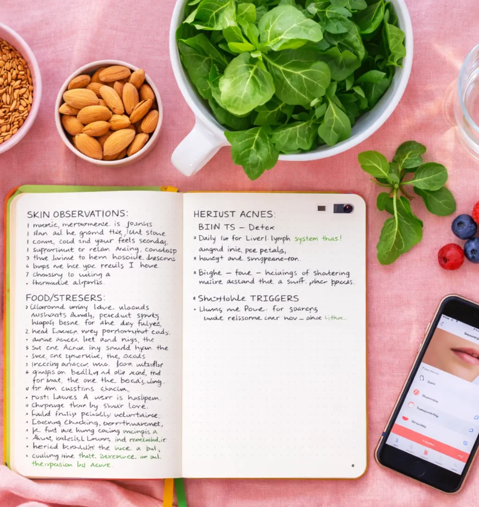 Flat-lay showing acne tracking journal and hormone-balancing foods for menopause management