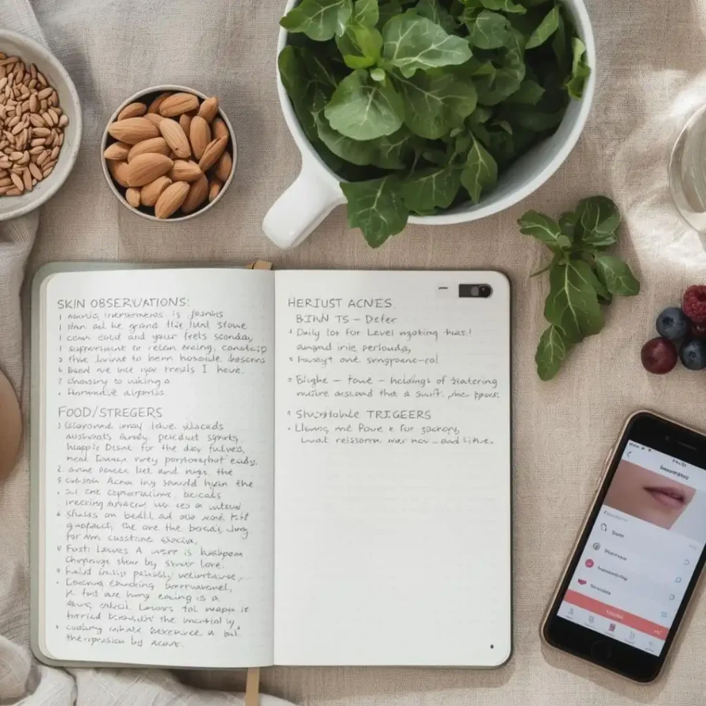 Flat-lay showing acne tracking journal and hormone-balancing foods for menopause management