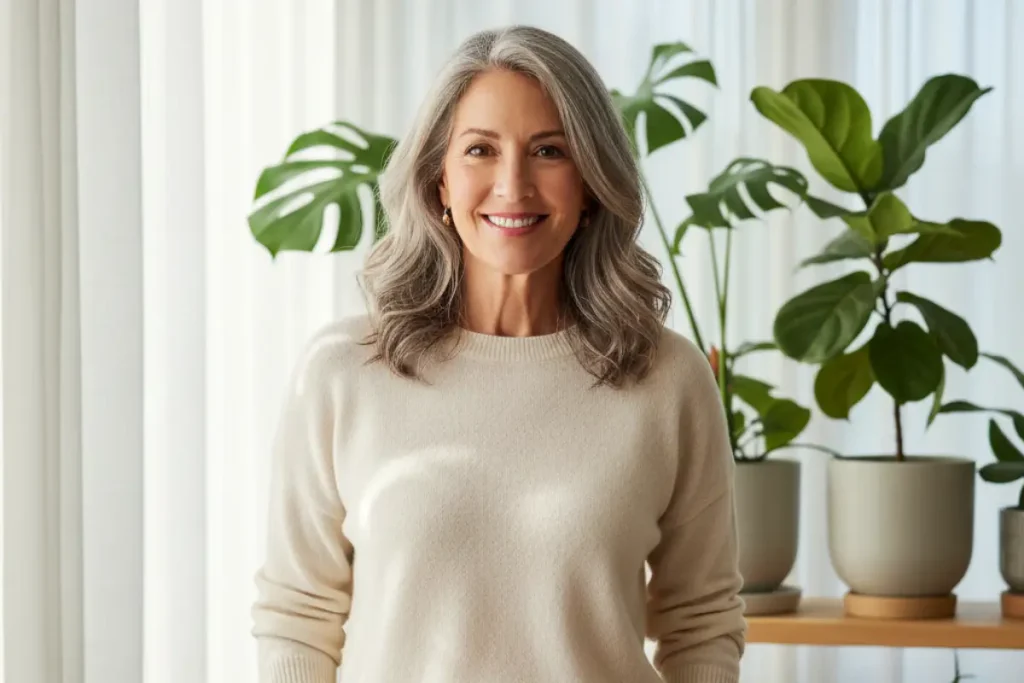 Confident woman in her 50s embracing perimenopause vs menopause and postmenopause stages with empowerment