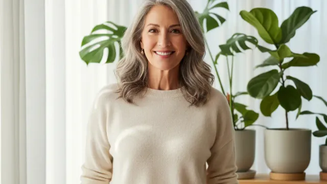 Confident woman in her 50s embracing perimenopause vs menopause and postmenopause stages with empowerment