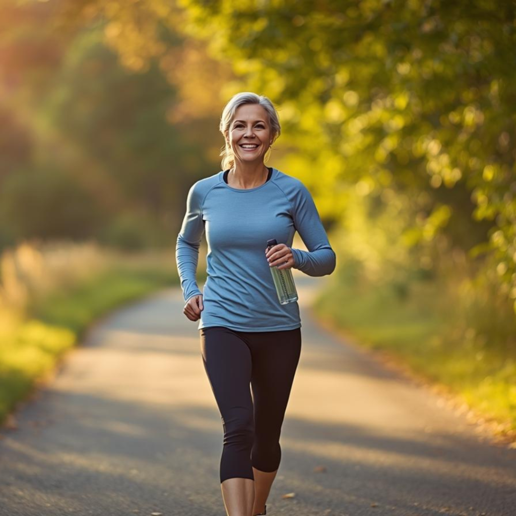 Active woman over 50 power walking outdoors to manage hot flashes during menopause naturally