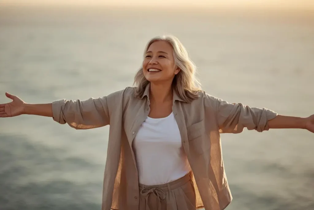 Confident woman over 50 standing on coastal cliff embracing life beyond menopause