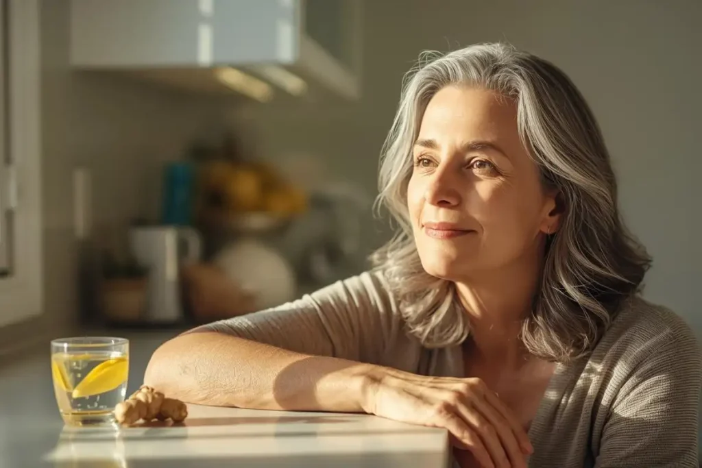Middle-aged woman with natural remedies for dizziness during menopause including ginger tea and water