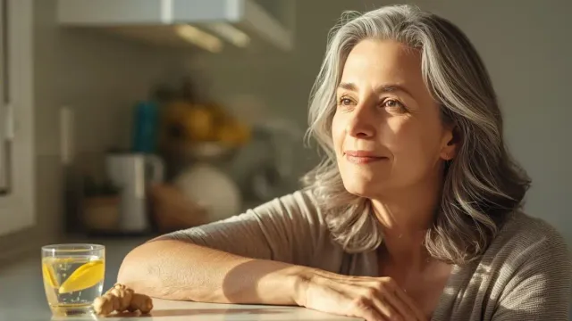 Middle-aged woman with natural remedies for dizziness during menopause including ginger tea and water