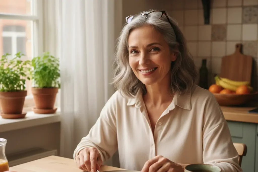 Woman over 50 enjoying healthy breakfast to manage menopause and blood sugar naturally