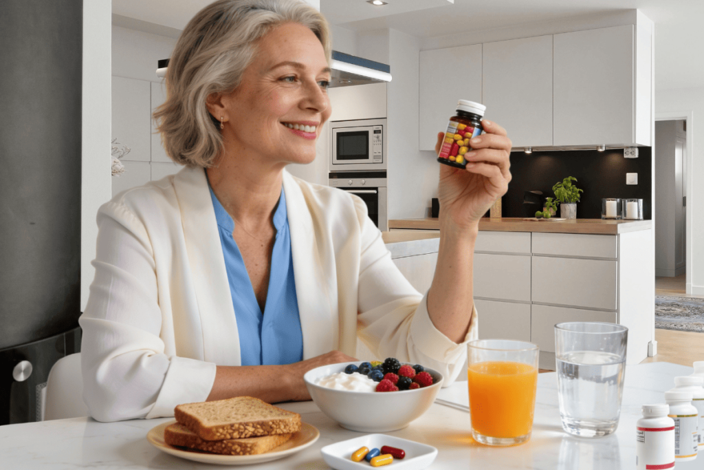 A woman in her 50s drinking water while taking a daily multivitamin capsule in her sunlit bedroom, embracing healthy aging routines.