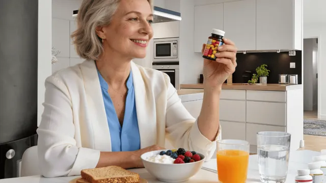 A woman in her 50s drinking water while taking a daily multivitamin capsule in her sunlit bedroom, embracing healthy aging routines.