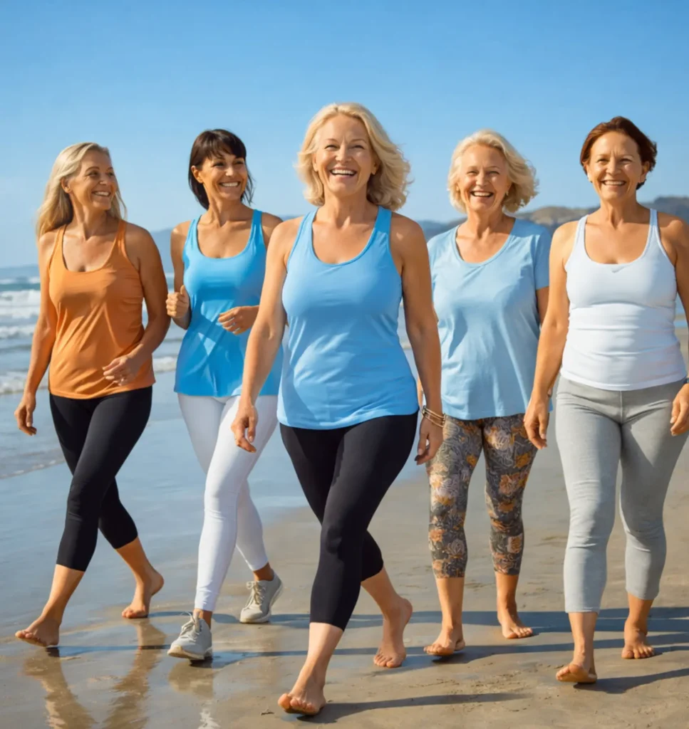Women 50+ walking on California beach for wellness