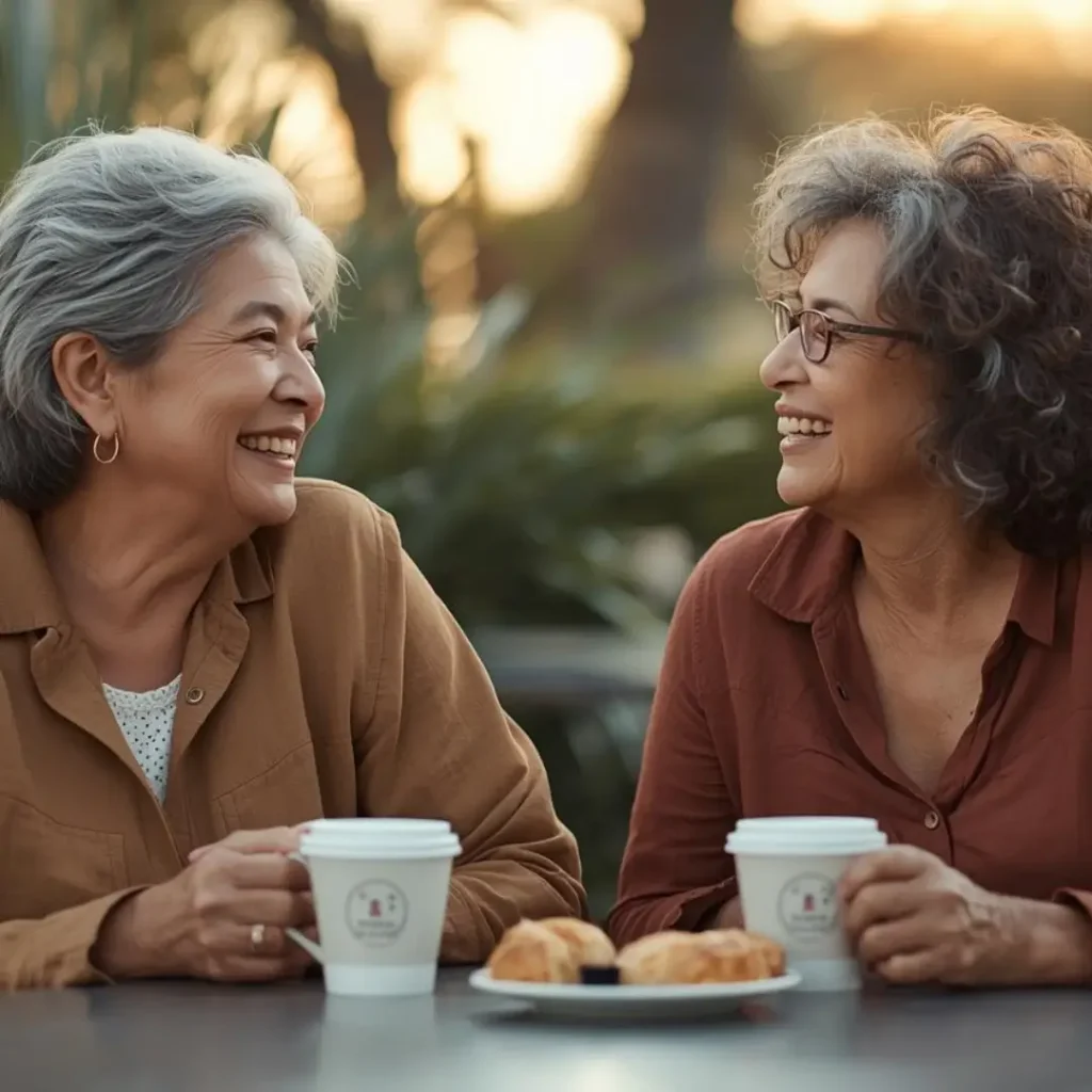 Two women in their 60s sharing coffee and conversation representing friendship beyond menopause