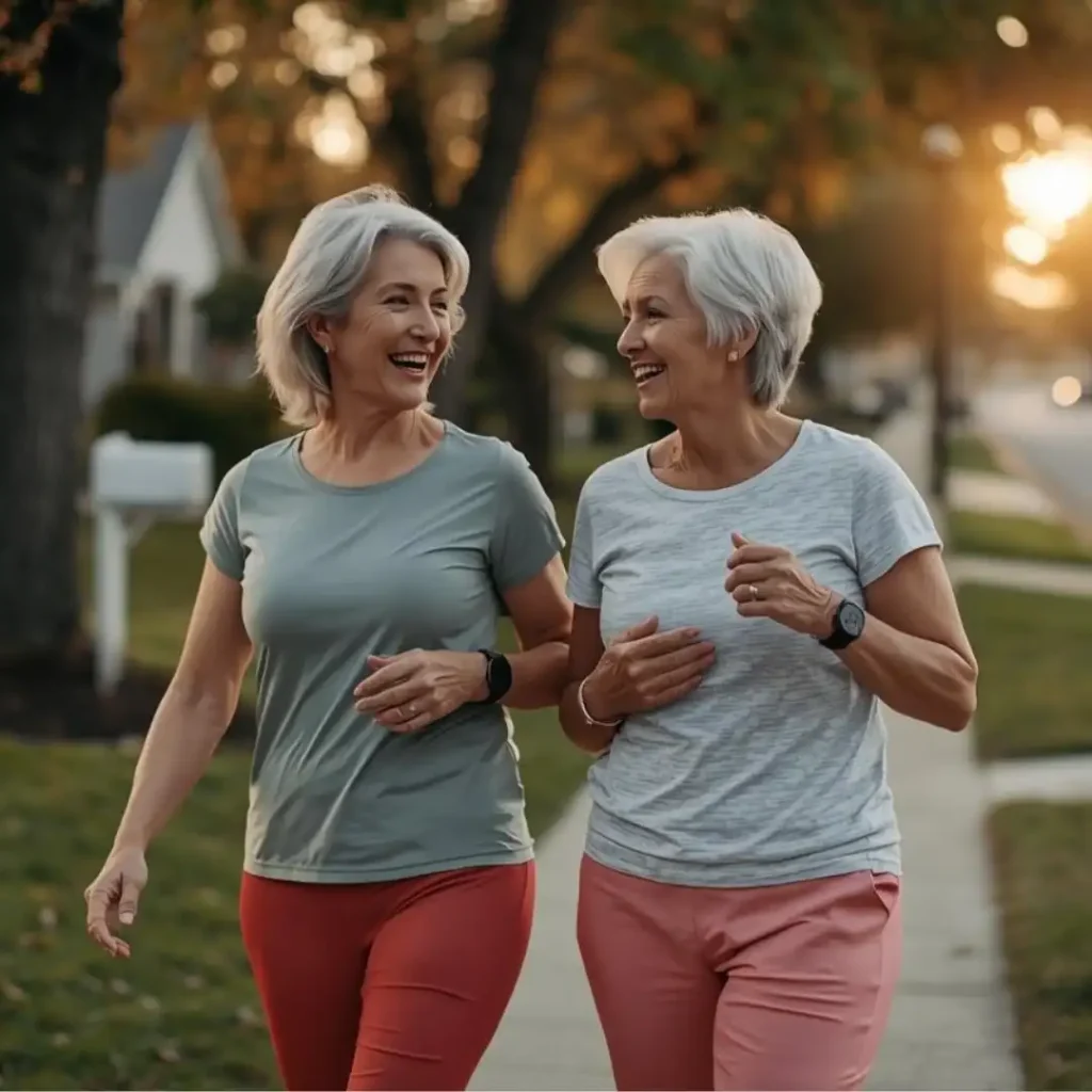 Two women managing menopause and blood sugar through daily walks and social connection